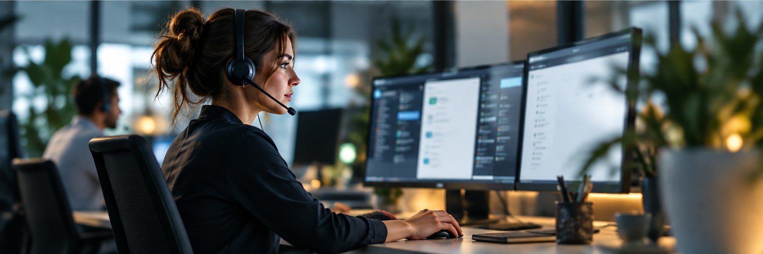 Asistente atendiendo consultas en un puesto de trabajo moderno